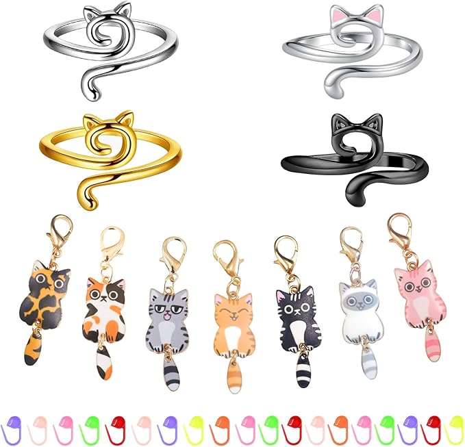 4PCS Adorable Crochet Rings with 7PCS Cat Stitch Markers and 20PCS Stitch Needle Clip Counter,Adjustable Tension Rings for Finger Accessories and Gadgets,Ideal Yarn Guide Ring Knitting Tools for Women