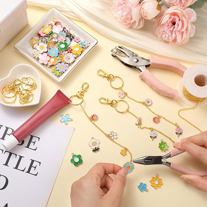 VioraWhite 213 Pcs Lip Gloss Keychain Making Kit 100 Pink Enamel Charms 32.81 ft Gold Chains for DIY Crafts Women(Floral)