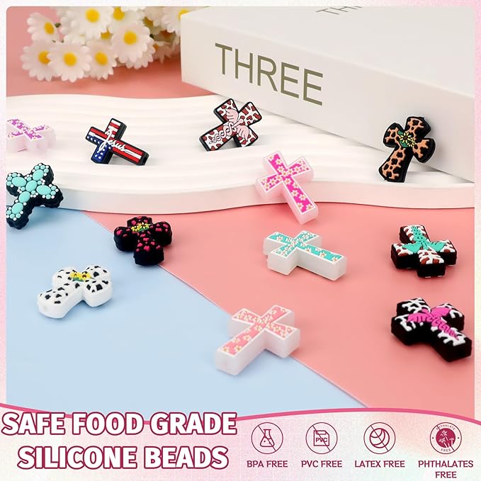 12pcs Cross Silicone Focal Beads, Focal Beads for Pens，Keychain Making, Bracelet, Necklace Crafts, Bulk for DIY（Cross）