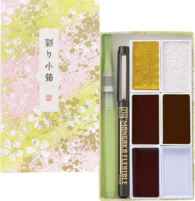 Kuretake Gansai Tambi IRODORI KOBAKO（SAKURA PATTERN）-Limited Edition, 5 Color Watercolor Set with Water Brush Pen & Black Pen, Granurating and metalic, Made in Japan, MC23-13A