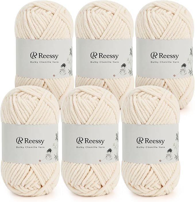 Bulky Chenille Yarn for Crocheting – 6 Pack of 50g/1.76oz Skeins, Pure Polyester, CYC #5 Bulky Weight – Ultra Soft Chenille Yarn Pack for Crafting Plush Toys, Blankets, Scarves(Beige)
