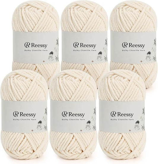 Bulky Chenille Yarn for Crocheting – 6 Pack of 50g/1.76oz Skeins, Pure Polyester, CYC #5 Bulky Weight – Ultra Soft Chenille Yarn Pack for Crafting Plush Toys, Blankets, Scarves(Beige)