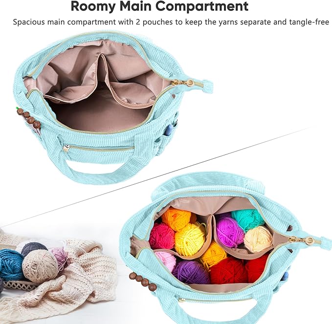 Corduroy Crochet Bag 11.5" Large Yarn Storage Tote with Grommets, Needle Holders – Knitting Bag Organizer for Crochet Hooks, Accessories, Tools & Projects –Gift for Knitters & Crafters