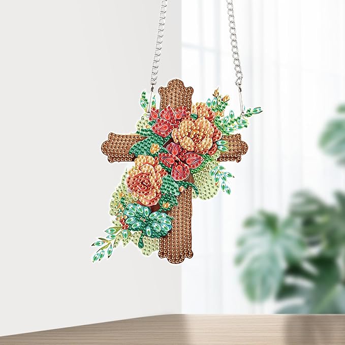 5D DIY Acrylic Cross Diamond Painting Pendant Kit, Floral Special Shaped Rhinestones Hanging Ornament, Diamond Art Hanging for Adults, Decorative Window, Wall or Door, Handmade Home and Holiday Gift