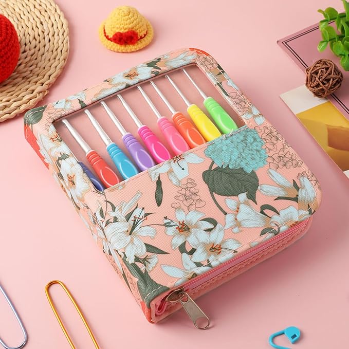 Dasonwin 60-Piece Ergonomic Crochet Hooks Set with Travel Case - Aluminum Crochet Needles Kit for Beginners & Experts, Arthritis-Friendly Design, Includes Stitch Markers & Accessories (Pink)