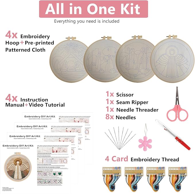 Nativity Embroidery Kit for Adults, Pre-Stamped Pattern Embroidery Kit for Beginners, DIY Hand Needlepoint Starter Kit with Hoop Thread Needle Instruction, 7.87'' Hoop (Christian 4 Packs)
