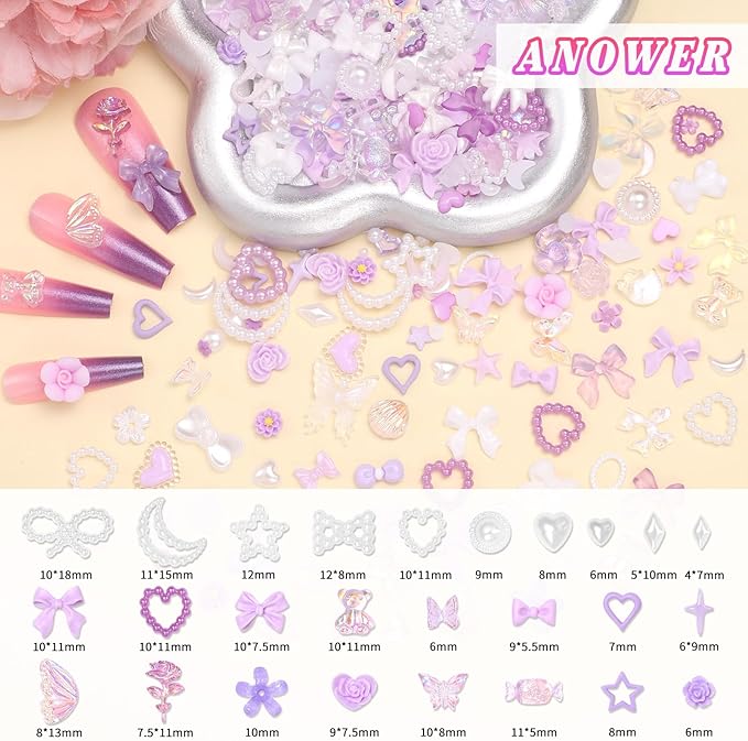 330 Pcs Purple Junk Phone Case Charms 26 Pcs A-Z Rhinestone Alphabet Letter Charms, Mix Flower Bow Heart Pearls Flatback Resin Charms Letter Junk Cases Kit for DIY Crafts