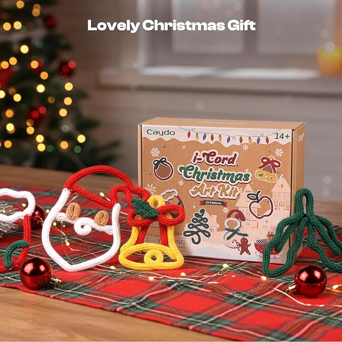 Caydo i Cord Christmas Decoration Making Kit with 24 Patterns, 7pcs Arcylic Yarns and 49ft Craft Wire Kits for Beginners, DIY Xmas iCord Handicraft Making Kit for iCord Knitting Machine(Not Included)