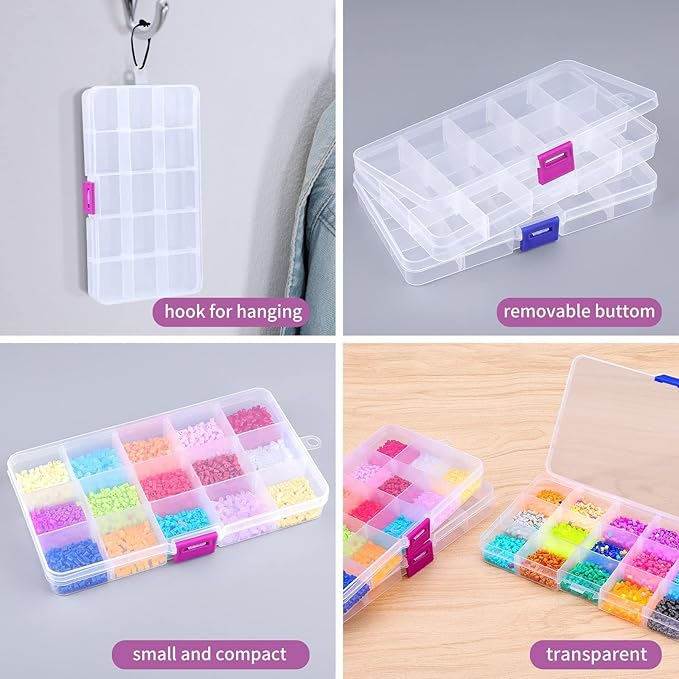 Opret 15 Girds Bead Organizer(8 Pack), Earring Organizer Box, SMALL Plastic Clear Organizing Containers with Adjustable Dividers for Crafts Jewelry Screws Small Items, Size 6.9×3.9×0.9in