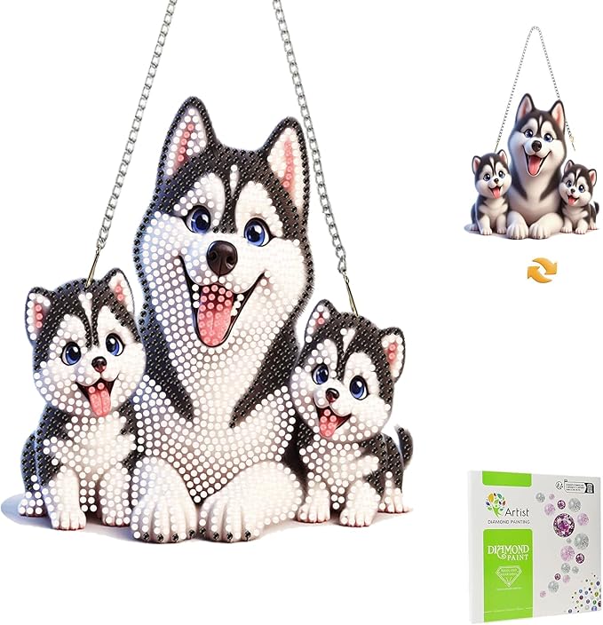 Masendp Hanging Diamond Art Kits for Adults, Special Shaped Cute Dog Family Diamond Painting Pendant Ornaments Kit DIY Crystal Rhinestone Gem for Home Decoration and Gifts