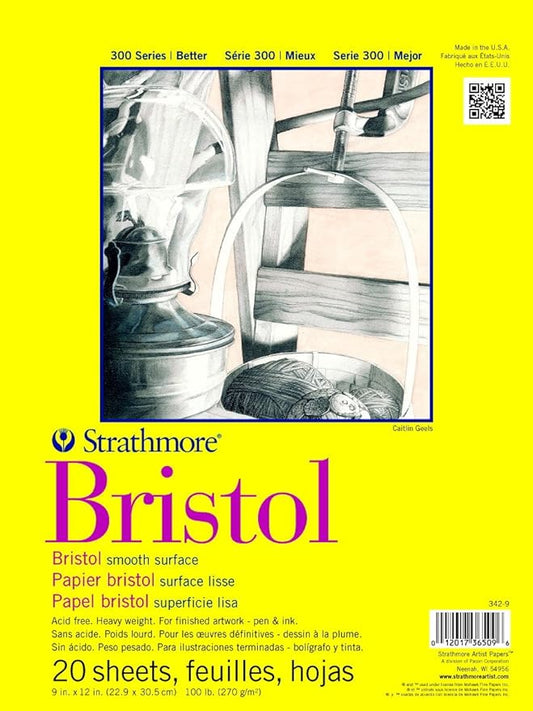 Strathmore 300 Series Bristol Paper Pad, Smooth, Tape Bound, 9x12 inches, 20 Sheets (100lb/270g) - Artist Paper for Adults and Students - Markers, Pen and Ink