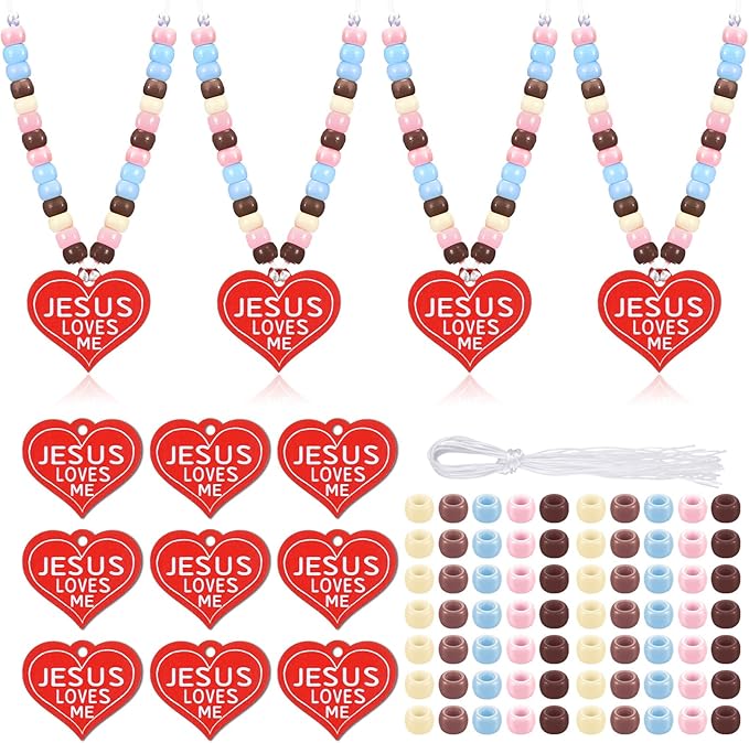 Ferreve 24 Sets Easter Boho Religious Beaded Necklace Crafts Kit DIY Jesus Loves Me Heart Bead Craft Bible Christian Necklace Making Kit Bulk for Easter Sunday School Vbs Gifts