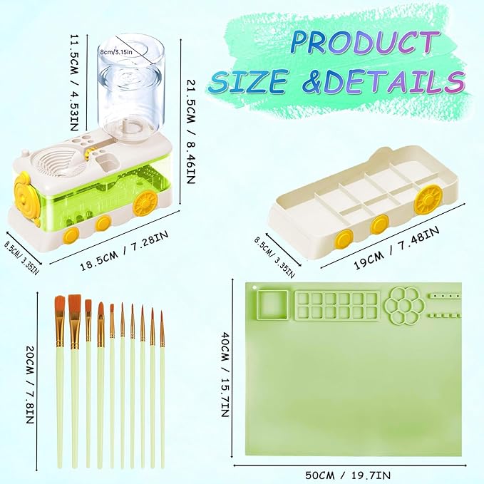 Paint Brush Cleaning Kit for Kids with 5 Brushes, Art Smock, Washable Mat, Guidebook, Spiral Brush Cleaner Jar for Watercolor(White)