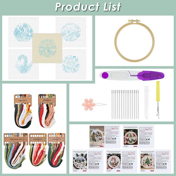 ERKOON Embroidery Kit for Beginners, 5 Sets Christmas Cross Stitch Set for Adults Include Embroidery Cloth Hoops Threads for Craft Lover Hand Stitch with Skill Techniques (Christmas#2)