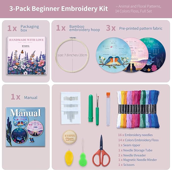 ETSPIL Beginner Embroidery Kit for Teens & Adults - 3-Pack, 19 Stitches, Pre-Stamped Patterns, Needle Minder, 7.8-Inch Hoop, Threads & Needles, Guide & Video - DIY Craft Gift for Women