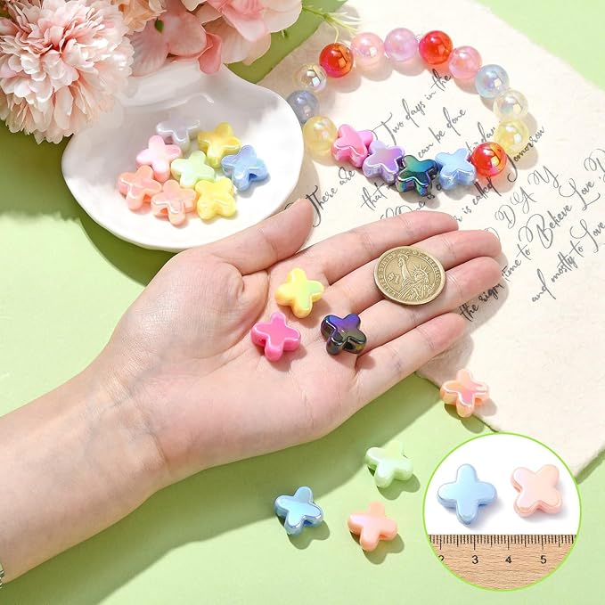 Ipotkitt 20 Pcs UV Plated Letter X Shaped Acrylic Beads Iridescent Cross Spacer Beads Random Color Beaded Ornaments for DIY Jewelry Making Necklace Bracelet Earrings