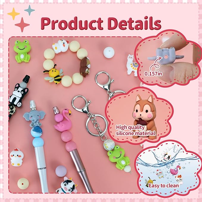 12pcs 3D Animals Silicone Focal Beads Silicone for Keychain Making Beads for Pens Shape for Bracelet Necklace Crafts （3D Animals）