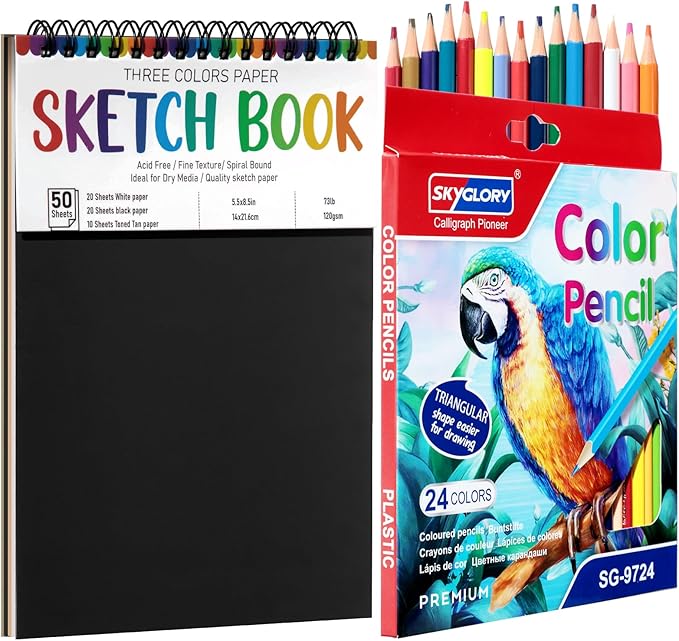 Drawing Sketchbook Kit, A5 Sketch Book with 24 Color Pencils, Three Color Black Sketch Pad, Acid-Free Sketch Pad for Kids, Artist, Art Paper Drawing Supplies for Gifts (5.8×8.3 inch)