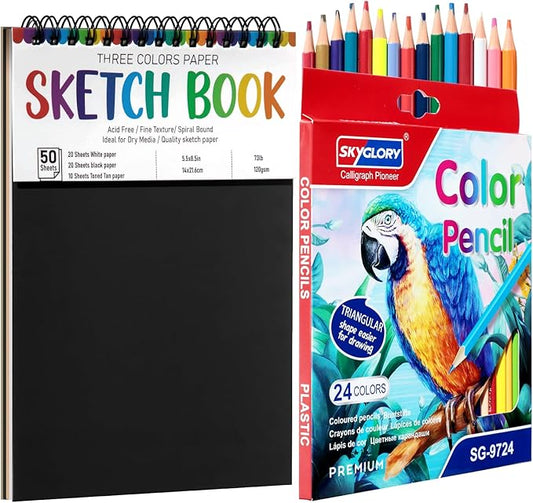 Drawing Sketchbook Kit, A5 Sketch Book with 24 Color Pencils, Three Color Black Sketch Pad, Acid-Free Sketch Pad for Kids, Artist, Art Paper Drawing Supplies for Gifts (5.8×8.3 inch)