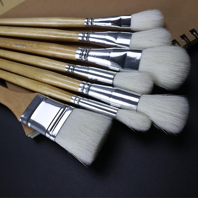 Gilding Brush Set, 7 Pieces Versatile Goat Hair Blending Mop Brushes for Acrylic Painting Wartercolor Foil Gold Leaf Flakes Sheets