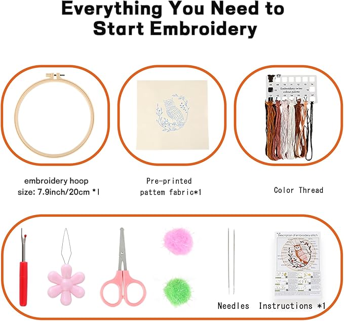 JOINRUN Beginner Embroidery Kit for Adults, Owl Cross Stitch Kits with 7.9" Hoop, Threads, Needles, Learn Stitches with Pre-Printed Patterns, Video Tutorial, DIY Needlework Craft Gift for Women