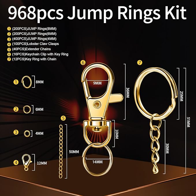 LEOBRO Jump Rings, 968pcs Keychain Making Kit, Keychain Clip and Key Ring, Key Chain Rings, Lobster Claw Clasps for Keychains, Charm Bracelet Jewelry, Gold