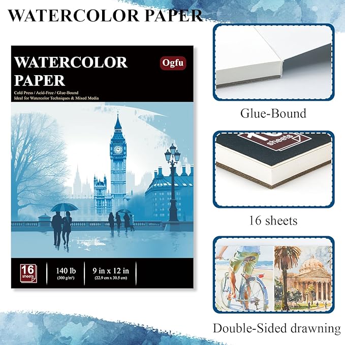 Ogfu Water Color Paper Pad 9 x 12, Cold-Pressed Watercolor Paper 300gsm/140lb Watercolor Pad for Painting for Beginners, Artists, Adults and Students, Watercolor Supplies for Adults, White.