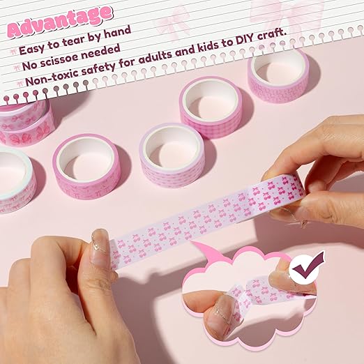 12pcs Pink Bow Washi Tape, Trendy Watercolor Pink Bow Cherry Preppy Aesthetic Decorative Tape, Cute Bowknot Heart Buffalo Plaid Artistic Tape for DIY Craft Scrapbook Wrapping Decor