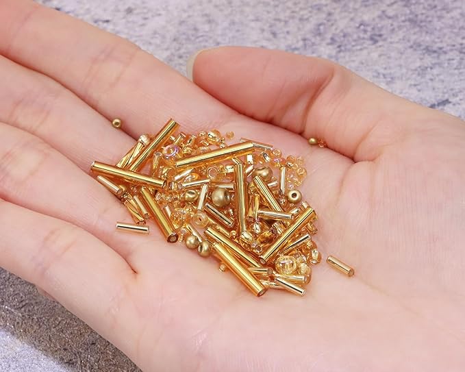 Mixed Craft Beads 1000Pcs/20g Glass Seed Beads Tube Beads Bugle Beads 1.5-4.5mm Small Loose Spacer Beads for DIY Bracelets Necklace Earring Jewelry Making (Gold)