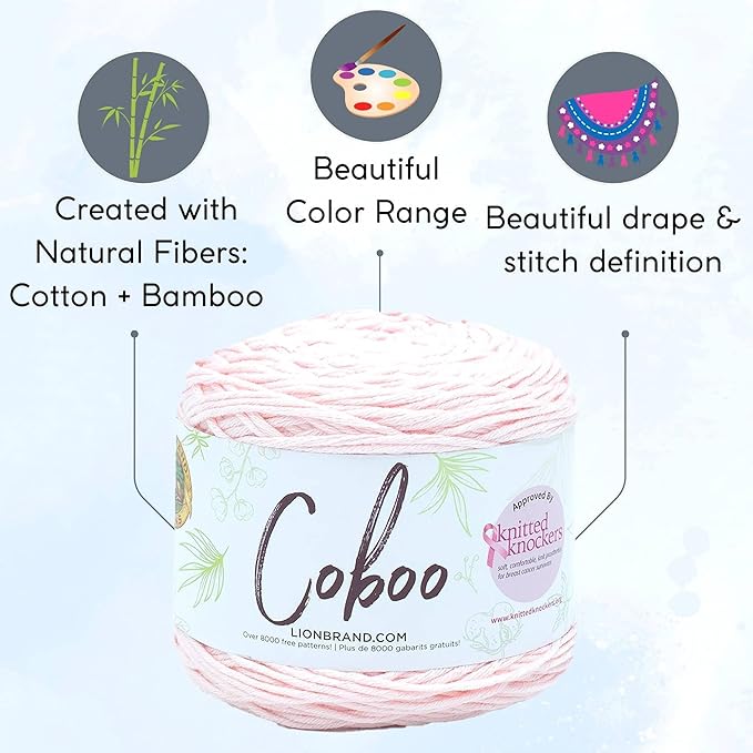 Lion Brand Coboo Pale Pink 835-102 (3-Skeins - Same Dye Lot) DK Light Worsted #3 Cotton, Bamboo Yarn for Crocheting and Knitting with Project Bag