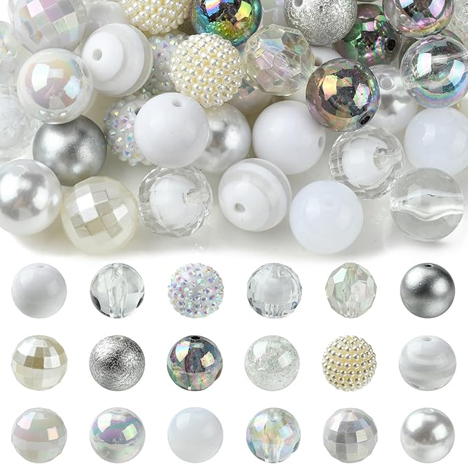 Ipotkitt 50 Pcs 20mm Acrylic Bubblegum Beads Round Spacer Loose Beads White Theme Disco Ball Chunky Rhinestone Beads for Pen Bag Chain Jewelry Making