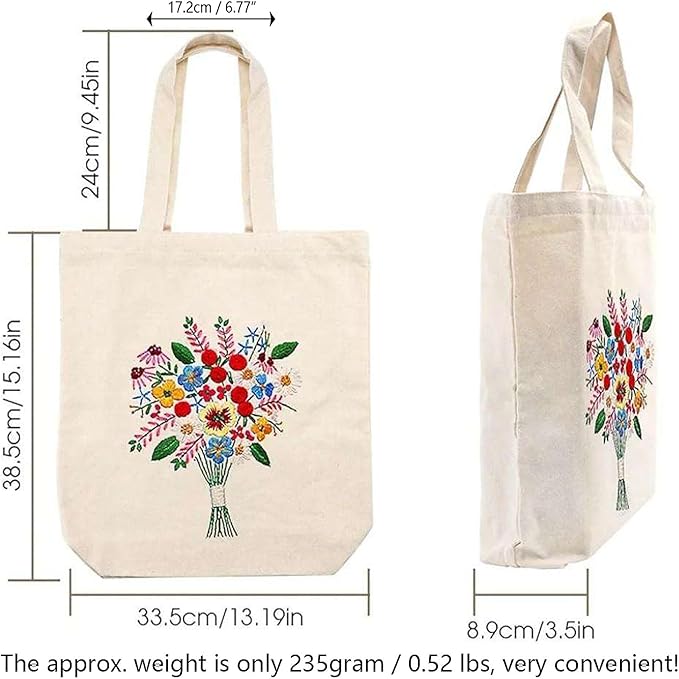 CREAWONDER Canvas Tote Bag Embroidery Kit with Pattern for Beginners, Arts and DIY Embroidery Crafts Kits for Adults, Include Instructions, Thimble, Embroidery Hoops, Color Threads and Tool