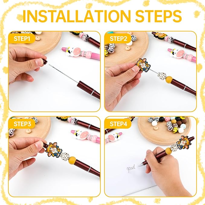 12 Set Highland Cow Theme Plastic Beadable Pens DIY Set, Assorted Bead Pens Crystal Round Spacer Pendant Set Black Ink DIY Ballpoint for Teachers, Women Men Gift Office Supplies