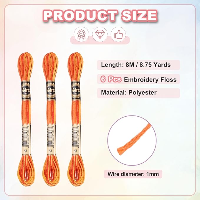 PATIKIL 6 Skeins Embroidery Floss, Polyester Embroidery Threads Bracelets String for Cross-Stitch Hand Embroidery, Orange