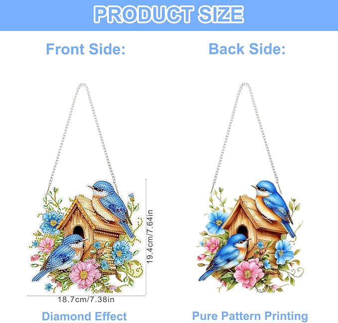QENSPE Blue Bird Diamond Art Hanging Kits for Adults, 5D Special Shape Diamond Paingting Ornaments Kits with Chain, DIY Flowers Crystal Window Pendants for Home Garden Wall Decor Double Sided 8X8 inch