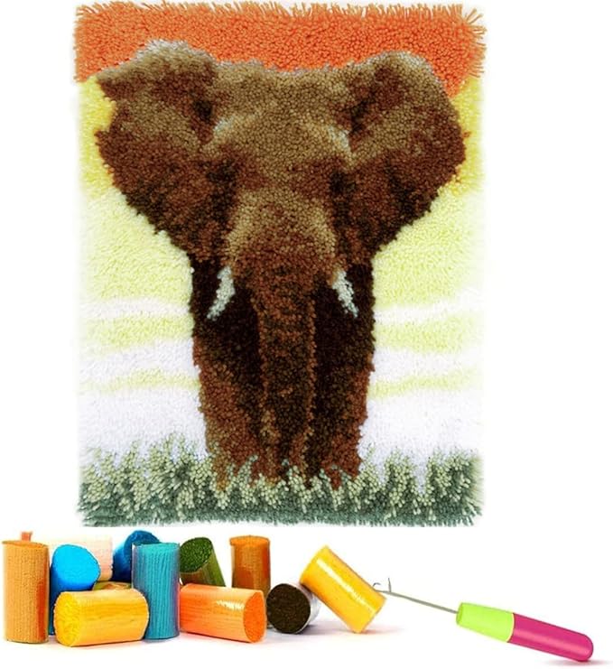 Latch Hook Kits for Adults - DIY Latch Hook Rug Kits, Crochet Kit for Beginners, Rug Making Kits with Printed Canvas, Gift Packaging. (Elephant,15x21)