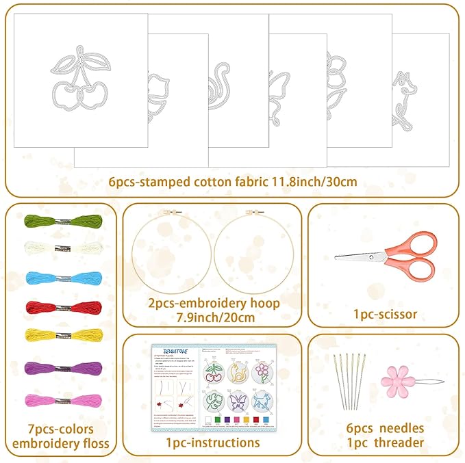 BEUNITONE Abstract Animal Embroidery Kit, 6PC Modern Line Art Needlepoint Kits with Hoops, Instructions, Threads, DIY Craft for Adults Beginners, Home Decor, Hand Embroidery Patterns for Gifts
