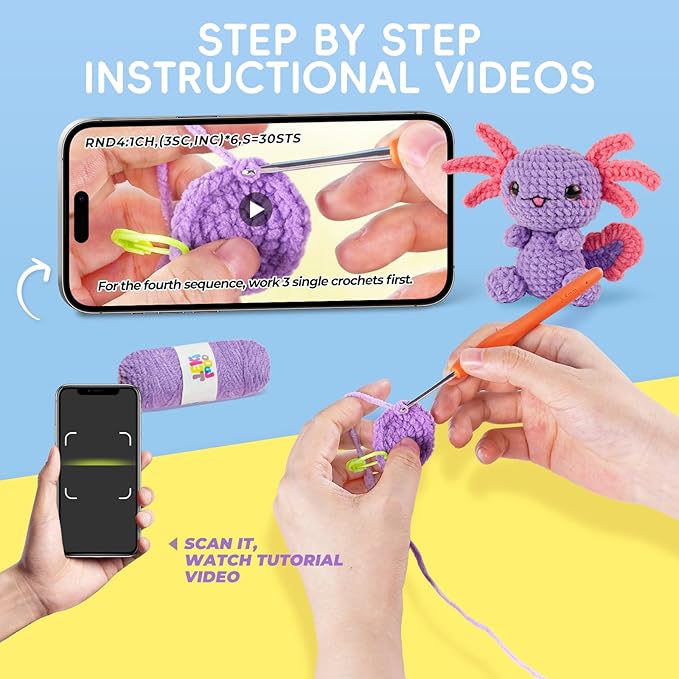 LUDOTEK Crochet Kit for Beginners, Crochet Animal Kits,Crocheting Kit for Starters with Step-by-Step Video Tutorials, Beginner Crochet Kits for Adults(2 Pack Axolotl)