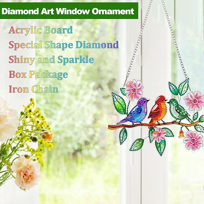 CEOVR Birds Hanging Diamond Art for Adults, Spring Birds Flower Diamond Painting Pendant DIY Gem Art Wall Hanging Ornament, Acrylic Home Garden Decor with Chain, Box Kit 7.87 * 6.29inch