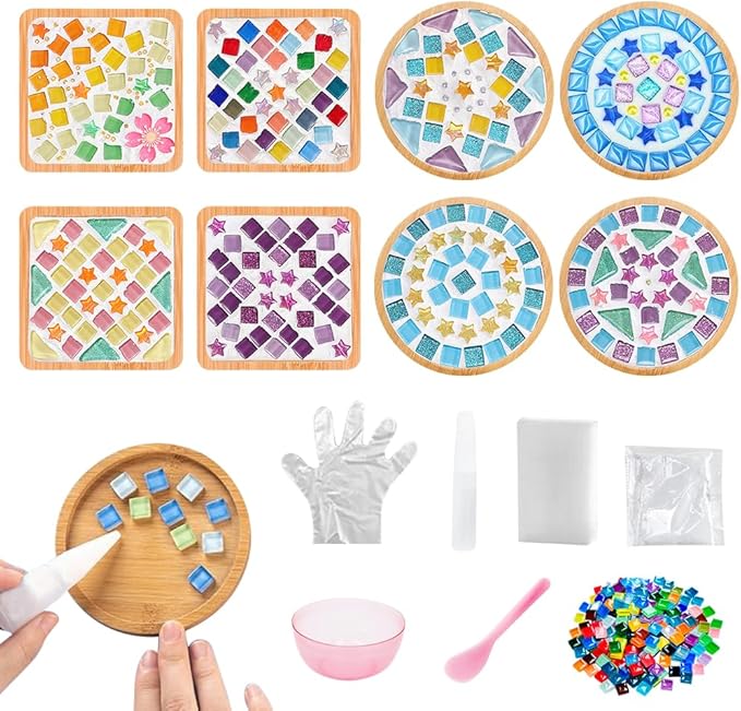 Adboros 8 Sets DIY Glass Mosaic Tiles for Crafts Mixed Color Mosaic Kits with Wooden Coaster for Adults Bamboo Coaster for Drinks Tray Handmade Home Decoration