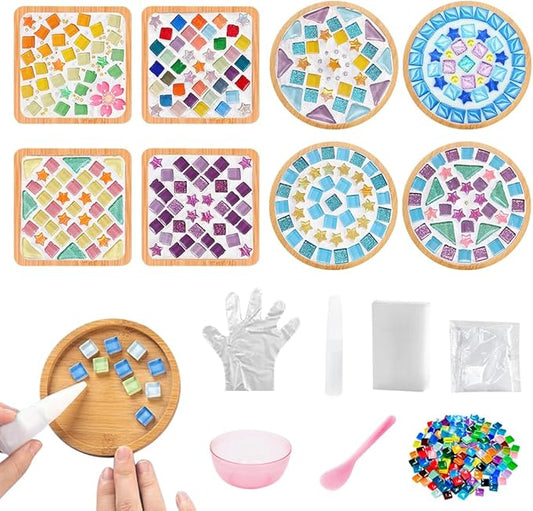 Adboros 8 Sets DIY Glass Mosaic Tiles for Crafts Mixed Color Mosaic Kits with Wooden Coaster for Adults Bamboo Coaster for Drinks Tray Handmade Home Decoration