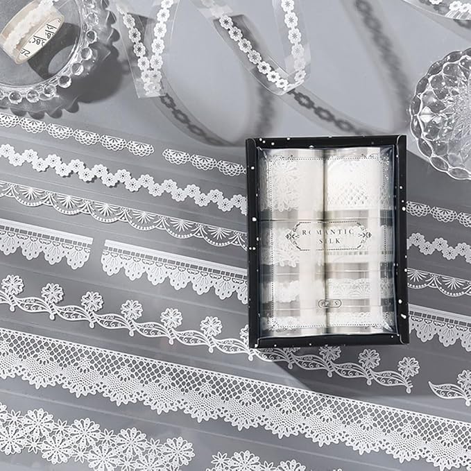 White Lace Washi Tape Set, 8 Rolls Elegant Vintage PET Decorative Tape Adhesive for Crafts Materials Journaling Scrapbooking Supplies Card Making Gift Wraping Daily Planner Vase