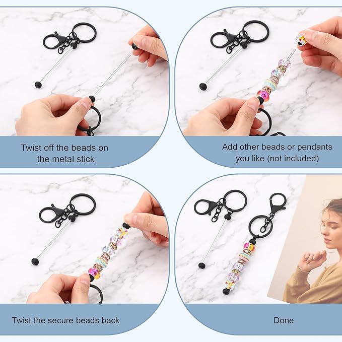 Tondiamo 24 Pcs Beadable Keychain Bars Bulk Beads for Keychain Making Kit Gifts for Women Men DIY Crafts(Black)