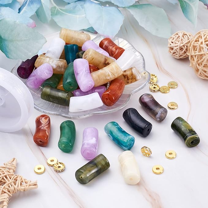 40Pcs Acrylic Chunky Tube Beads with Rondelle Brass Rhinestone Spacer Beads & Elastic Crystal Thread, Imitation Gemstone Curved Tube Beads for Bamboo Bangles Bracelet Jewelry Making