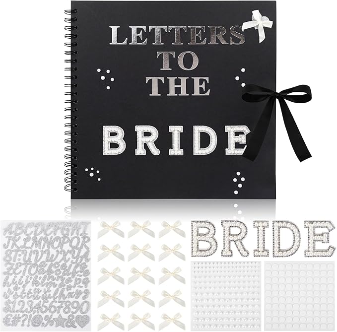 12 x 12 Inch Letters to The Bride Scrapbook Wedding Scrap Book Letters To The Bride Book Bridal DIY Blank Paper Scrapbook Photo Album with Pearl Stickers, Metallic Letters, Bows(Black)