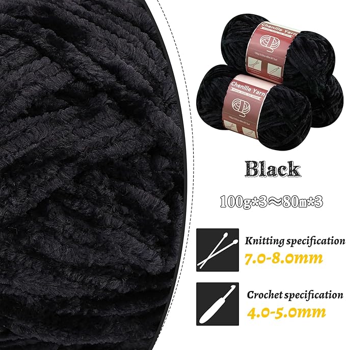 LUNARM Chenille Yarn for Crocheting Knitting, 3 Skein 263 Yard Thick Soft Chunky Fluffy Weaving Plush Yarn for Blankets Clothes Pattern Creations with Big Eye Needles (Black)
