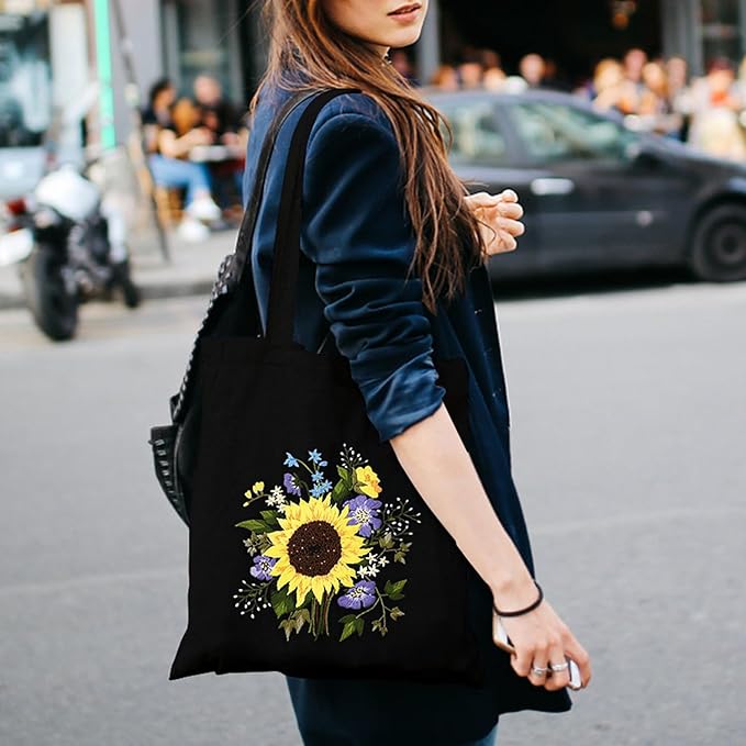 Canvas Tote Bag Embroidery Kit with Sunflower Pattern, Embroidery Kits for Beginners Adults, Arts and DIY Crafts Embroidery Starter kit, Include Stamped Embroidery Bag, Color Threads, Embroidery Tools