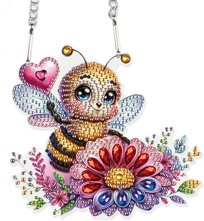 AiYuanzsh Diamond Art Hanging Kits for Adults, Bee Flower Special Shaped Crystal Diamond Painting Acrylic Ornament, DIY Window Suncatcher Pendant for Home Wall Decor Gift