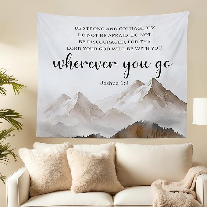MNASAIOO Christian Mountian Lord Wall Tapestry Hanging for Bedroom, Bible Verse Scripture Joshua 1:9 Tapestries, Watercolor Religious Wall Decor Banner for Living Room Prayer Room Church 50x60in