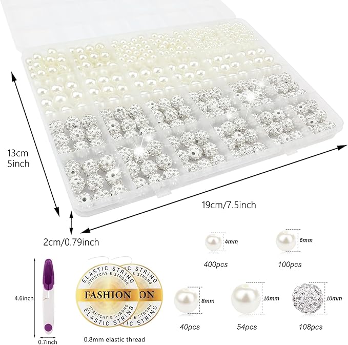 702 Pcs Pearl Beads for Bracelet Making Kit Rhinestone Baseball Beads for Jewelry Making Off-White Pearl Bracelet Bead Charms Necklace Earrings DIY Craft for Women Adult Pearls Bead for Crafting